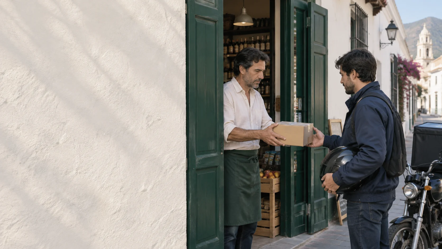 Escena ilustrativa de un comerciante entregando un paquete a un repartidor